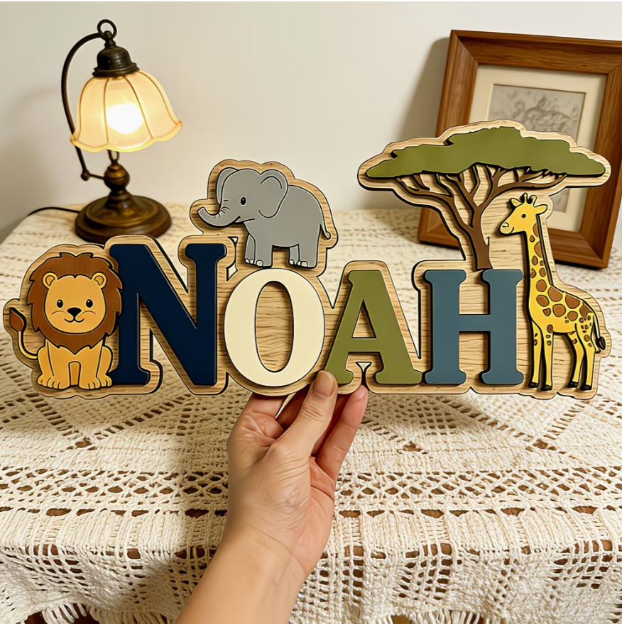 Personalised Wooden Name Sign – Jungle Themed